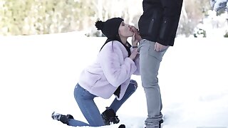 During walk in spacious winter forest, young cutie