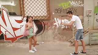 During promenade along empty streets, petite Latina teases BF by flashing him tits and sweet pussy.